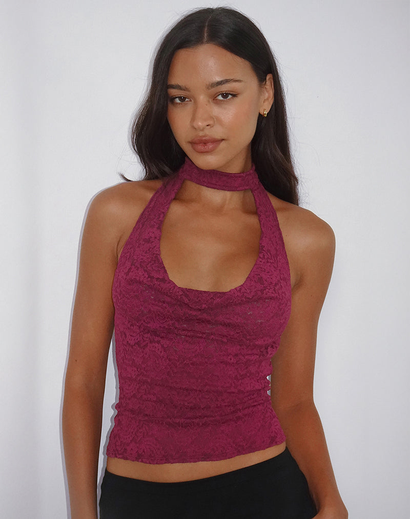 Burgundy Red Paisley Lace Halterneck Top | Samwell – motelrocks-com-us