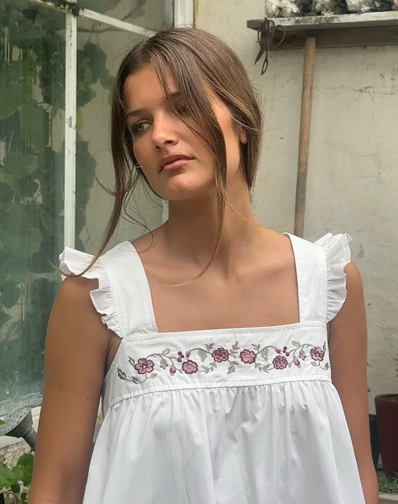 White Poplin with Cherry Blossom Embroidery Mini Dress | Sanaly