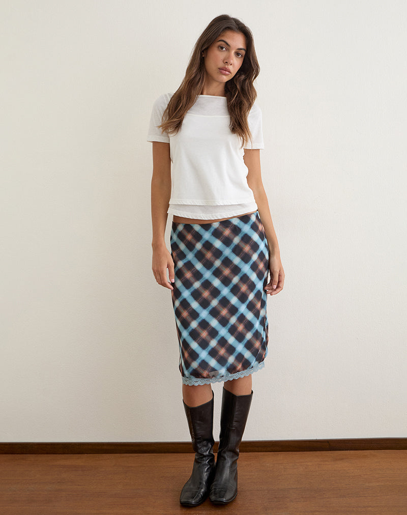 Image of Sangga Midi Skirt in Chiffon Black and Blue Hazy Check