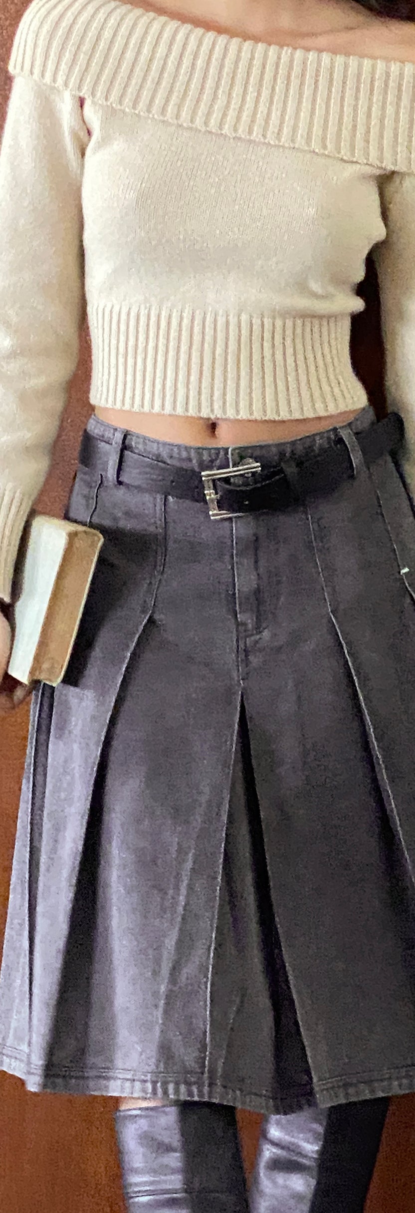 Grey Wash Pleated Denim Midi Skirt | Sanjani – motelrocks-com-us