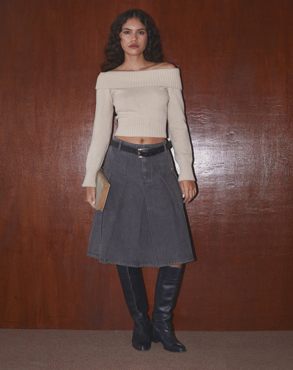 Sanjani Pleated Denim Midi Skirt in Grey Wash