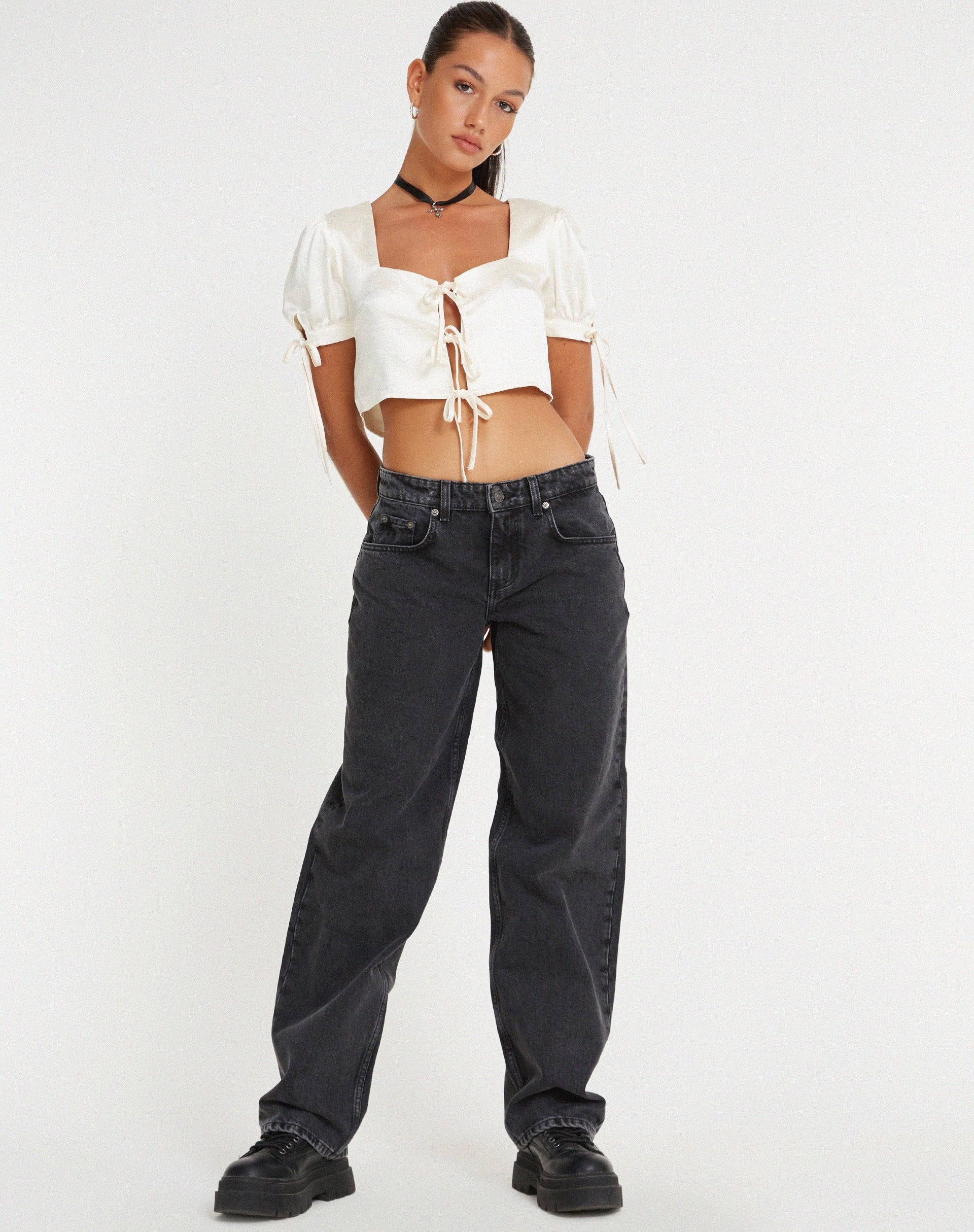 Image of Sanura Tie Up Crop Top in Satin Ivory