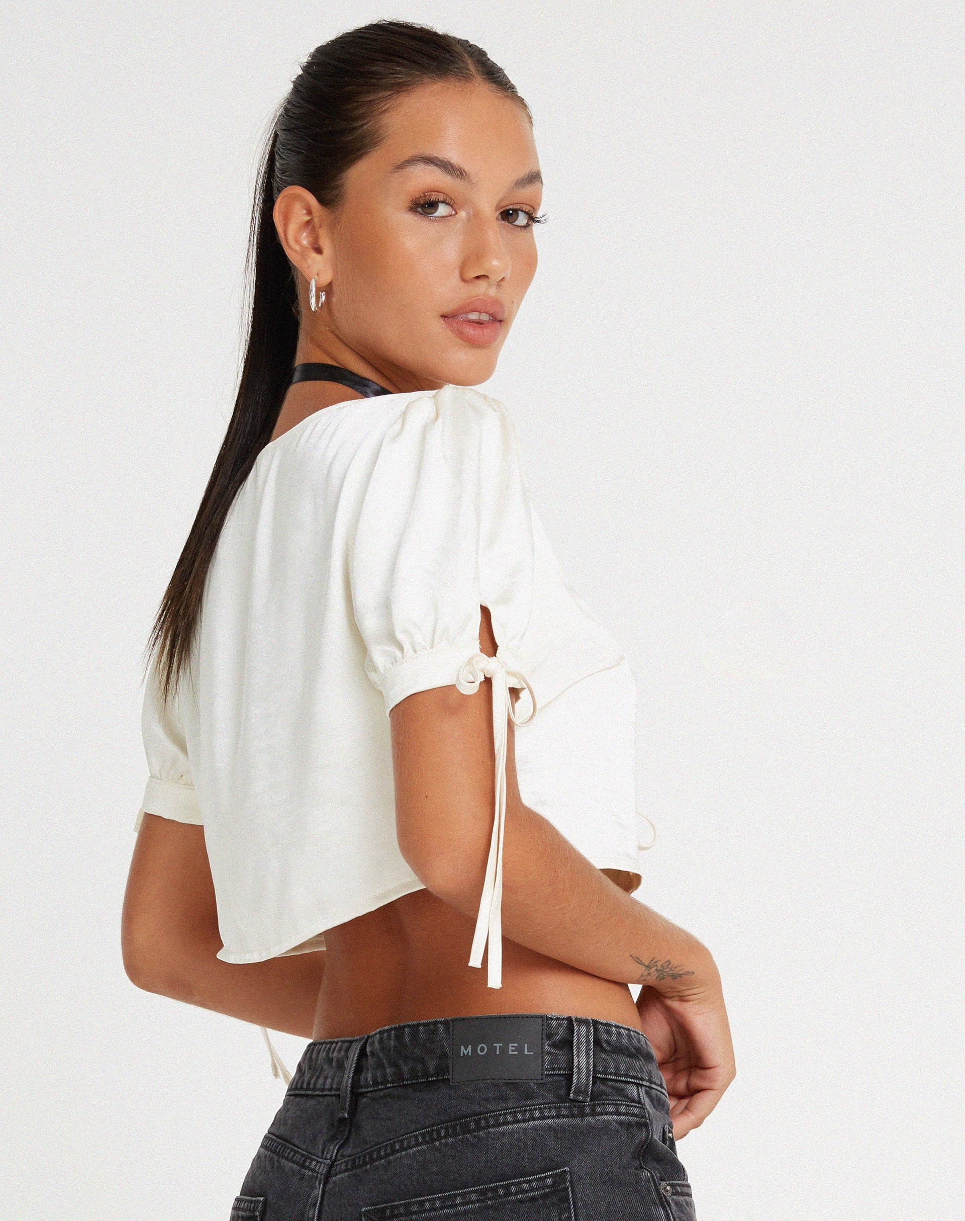 Image of Sanura Tie Up Crop Top in Satin Ivory