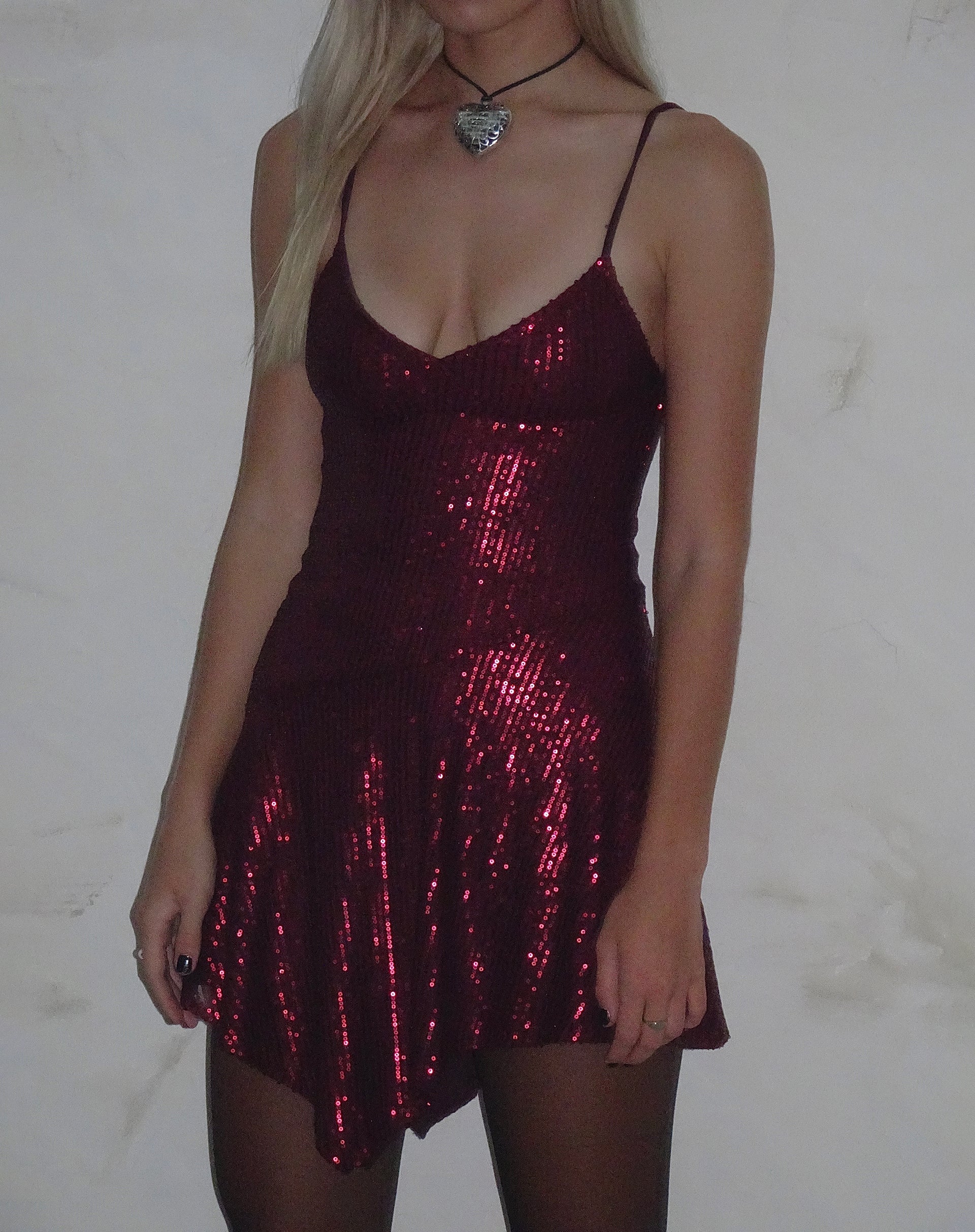 pretty little thing sequin dress Burgundy Sequin Waterfall Mini Dress