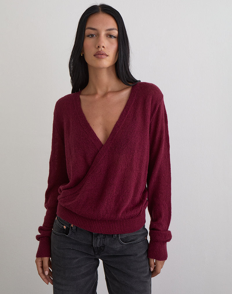 Saroya Plunge Wrap Top in Knit Wine