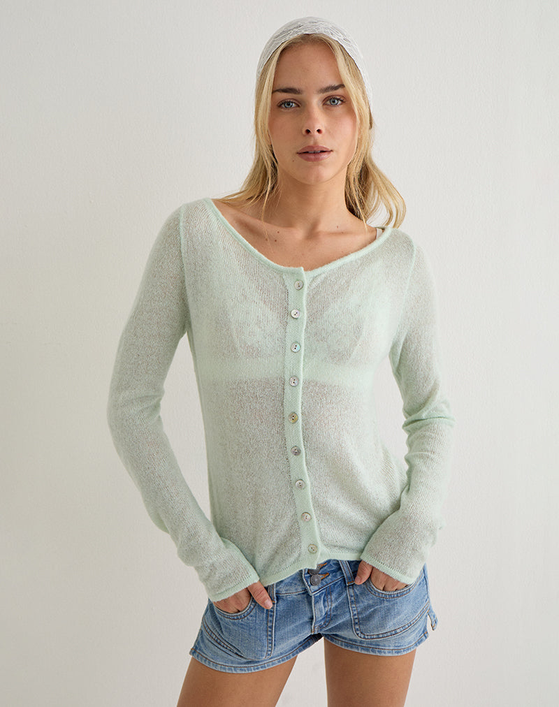 Mint Green Sheer Knit V Neck Button Down Long Sleeve Cardigan Top