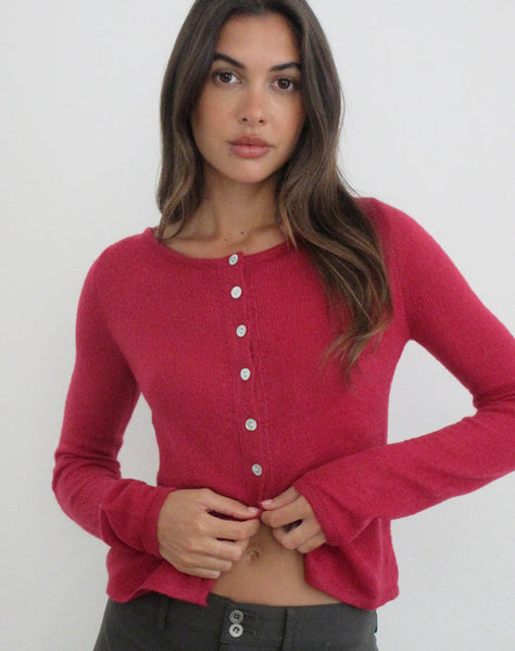 Red Sheer Knit Button Down Long Sleeve Cardigan Top | Sartini