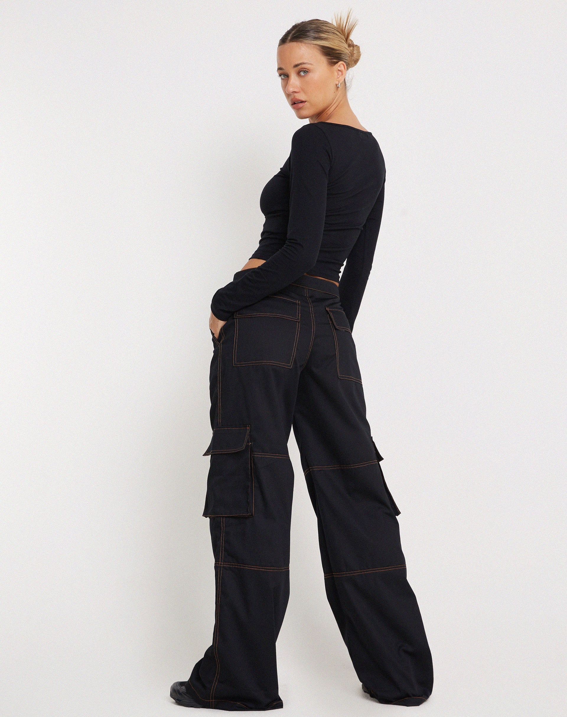 Black with Orange Stitching Wide Leg Cargo Trouser | Saul