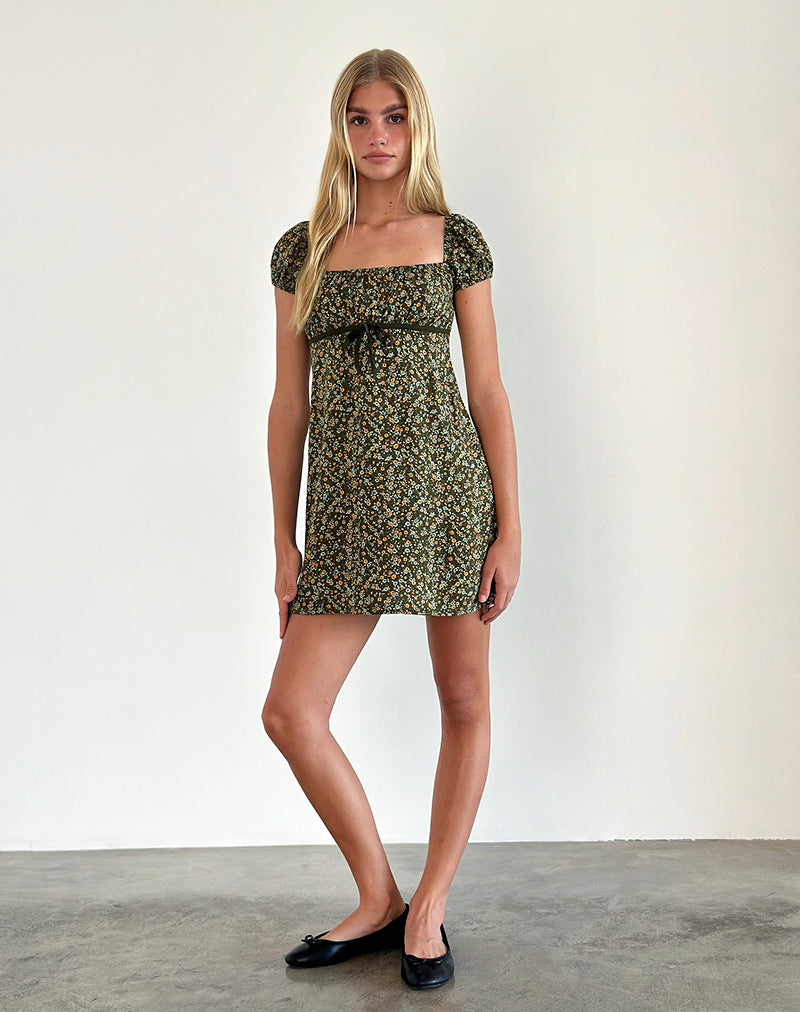 Khaki Grunge Floral Print Mini Dress | Savio – motelrocks-com-us