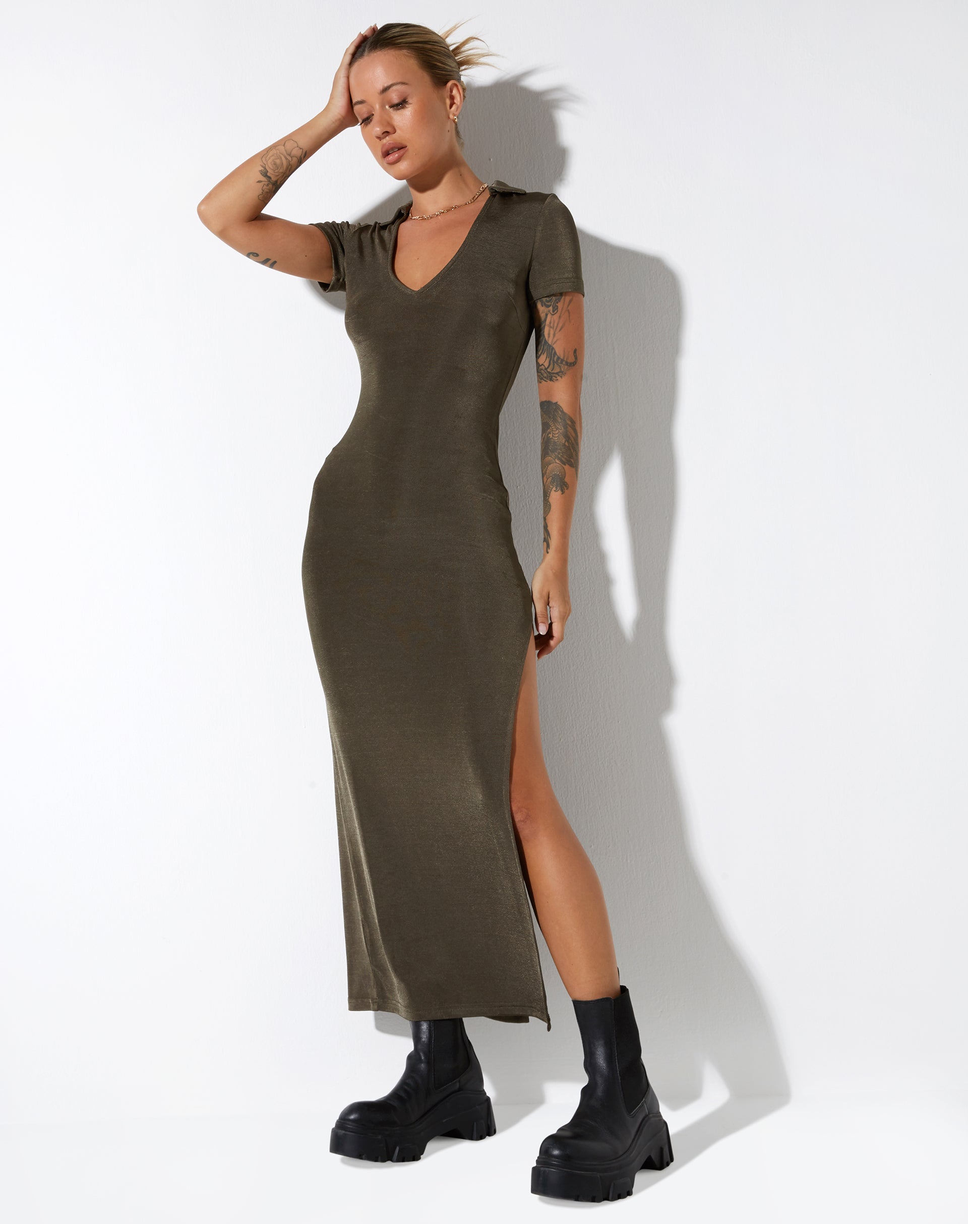dark olive green maxi dress Tyla Olive Green Pleated Maxi Dress