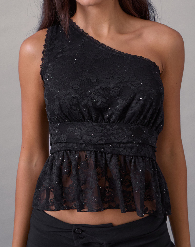 Image of Sayong One Shoulder Top in Floral Lace Black