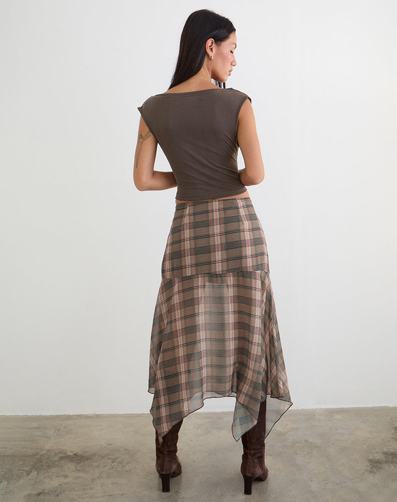 Image of Sedra Midi Skirt in Brown and Pink Blurry Check