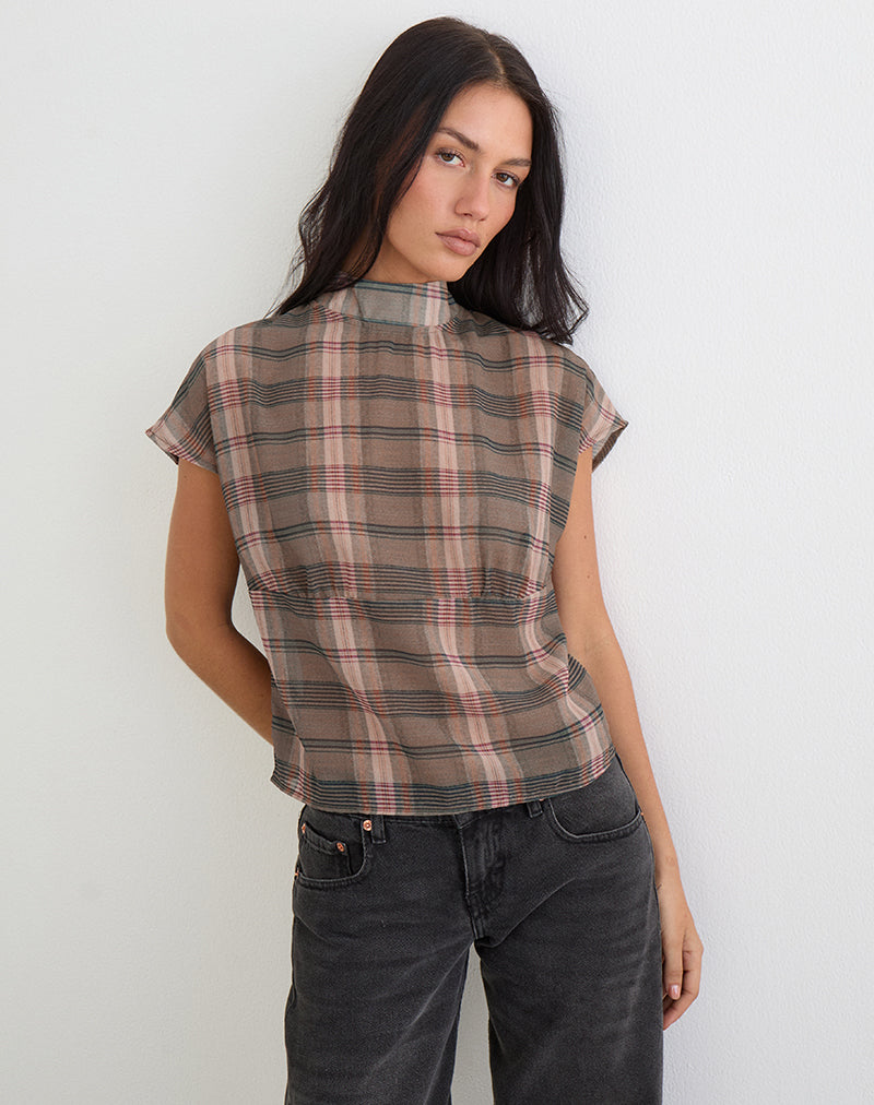 Image of Sekala Top in Brown and Pink Blurry Check