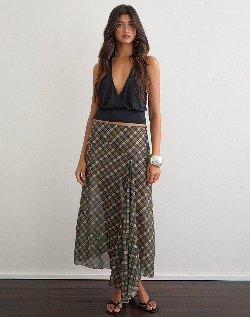 Image of Selenia Maxi Skirt in Chiffon Vintage Check Olive