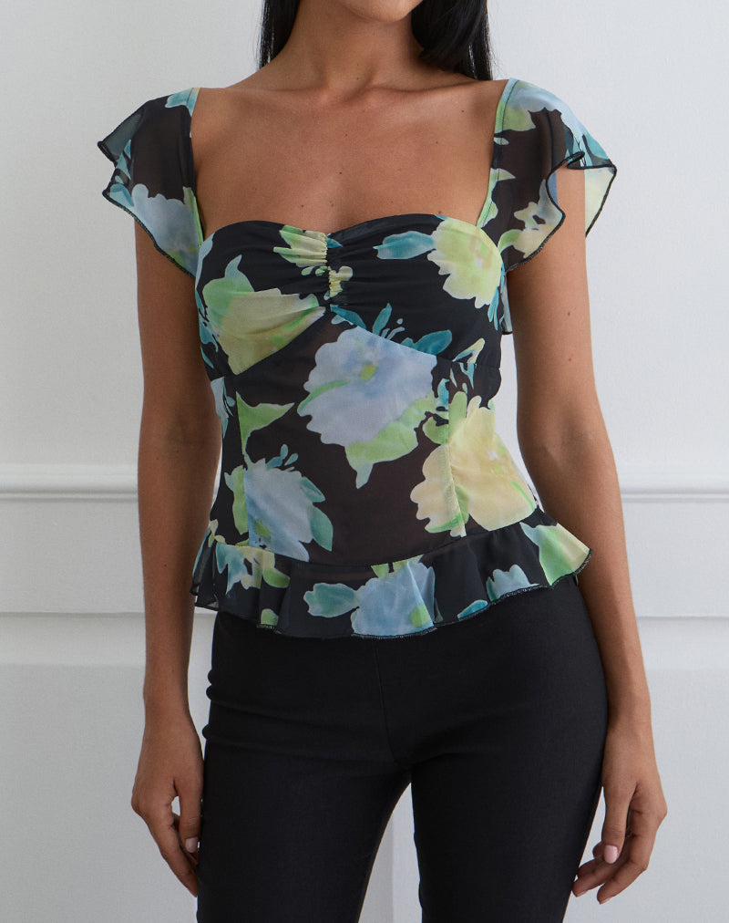 Selita Top in Black Chiffon with Crystal Flower Print