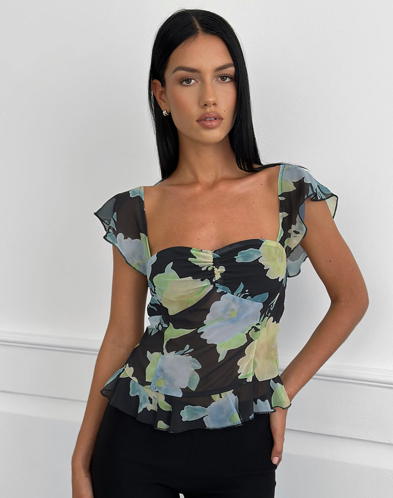 Selita Top in Black Chiffon with Crystal Flower Print