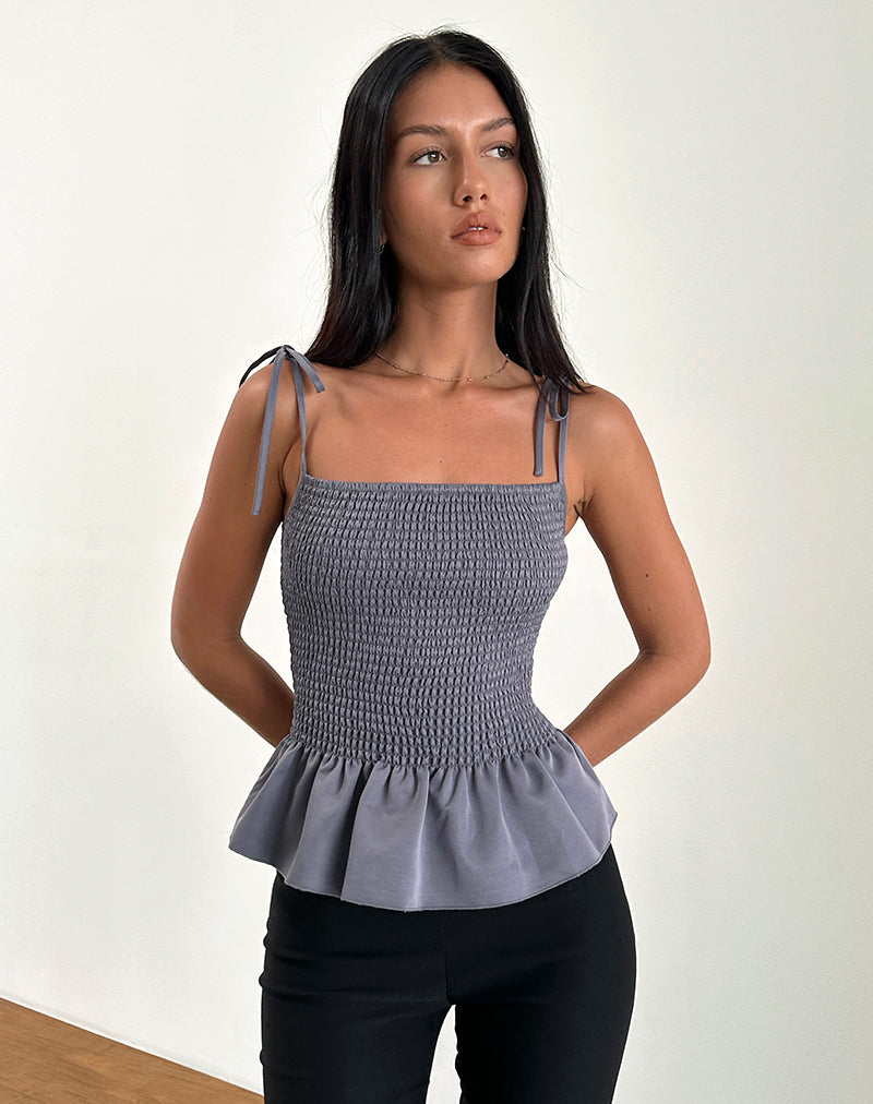 Image of Seora Tie Shoulder Shirred Top in Grey