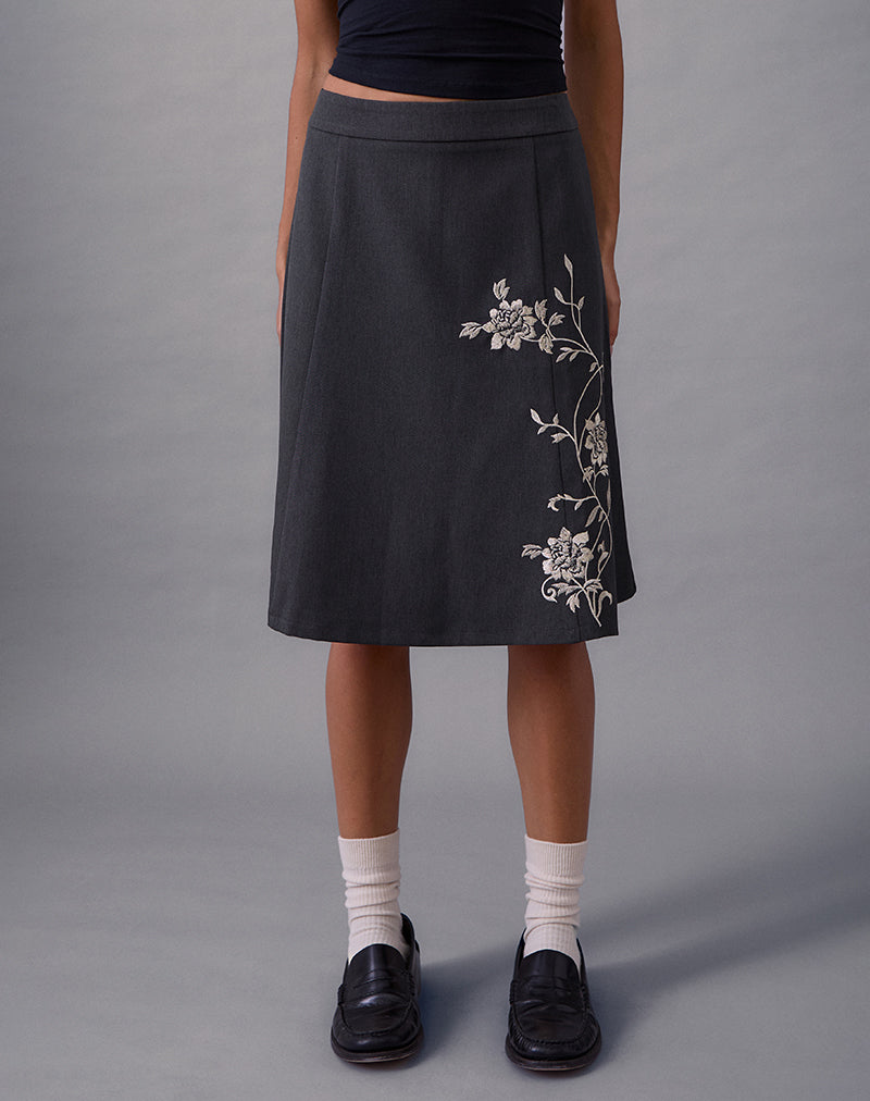 Charcoal Grey Vine Flower Embroidered Midi Skirt | Sepzhi