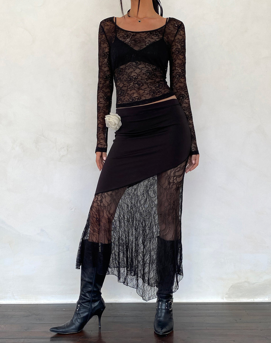 Seraphina Asymmetric Lace Hem Maxi Skirt in Black