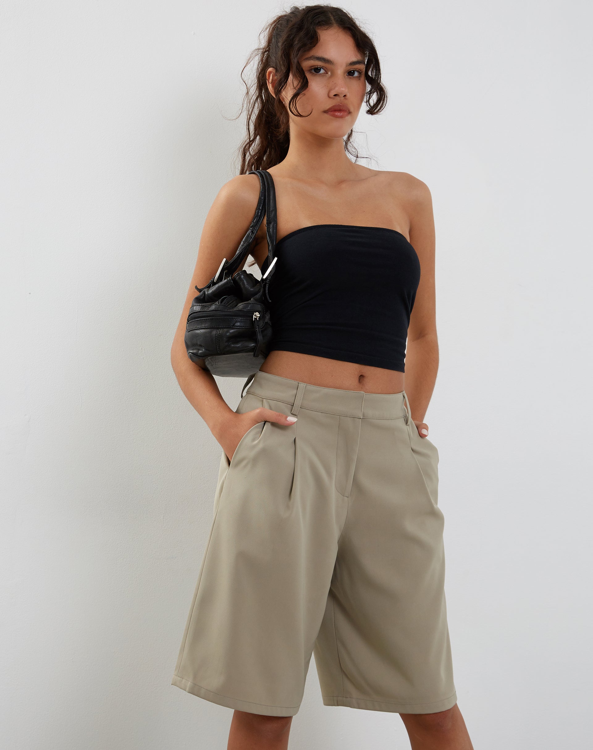 Setya Long Line Tailored Shorts in Taupe Setya Long Line Tailored Shorts in Taupe