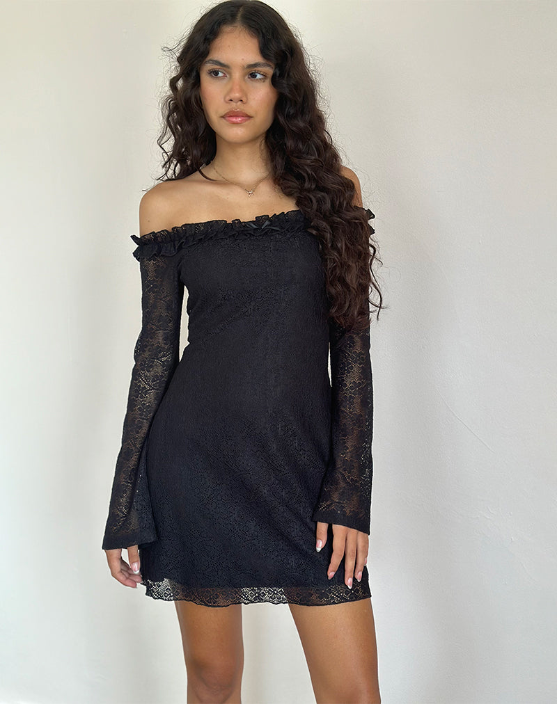 Black Lace Bardot Mini Dress | Severine – motelrocks-com-us
