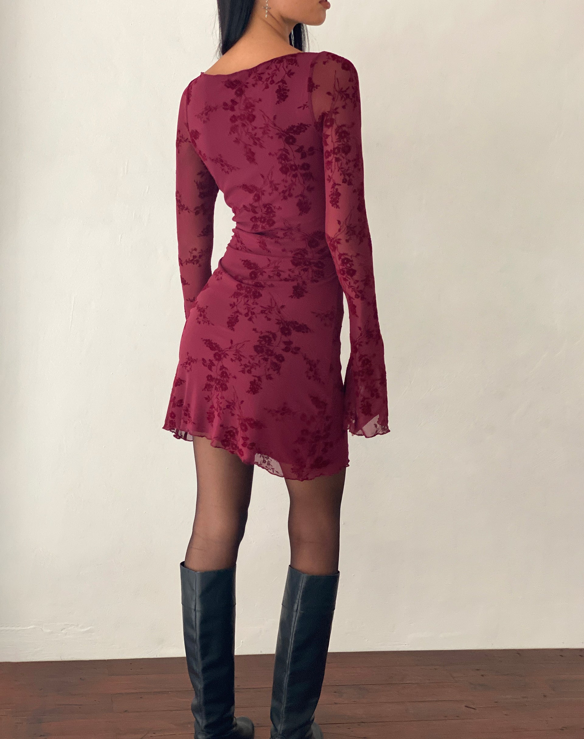 Sevila Long Sleeve Mini Dress in Flocked Botanical Flower Maroon , Bodycon Sevila Long Sleeve Mini Dress in Flocked Botanical Flower Maroon , Bodycon