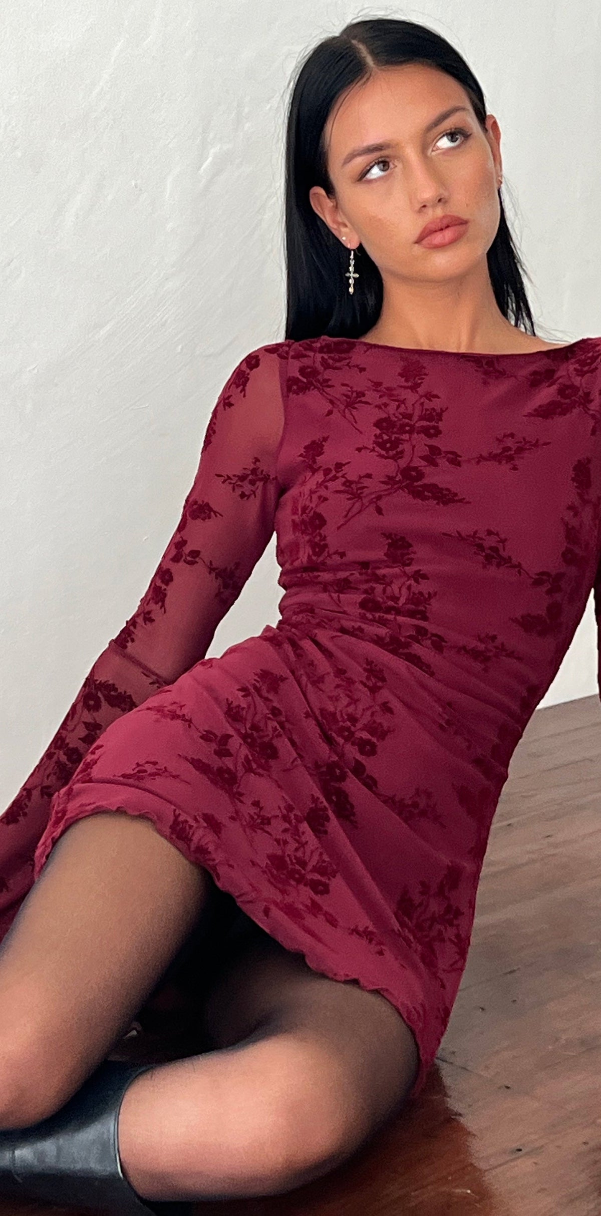 Botanical Flower Maroon Mini Dress