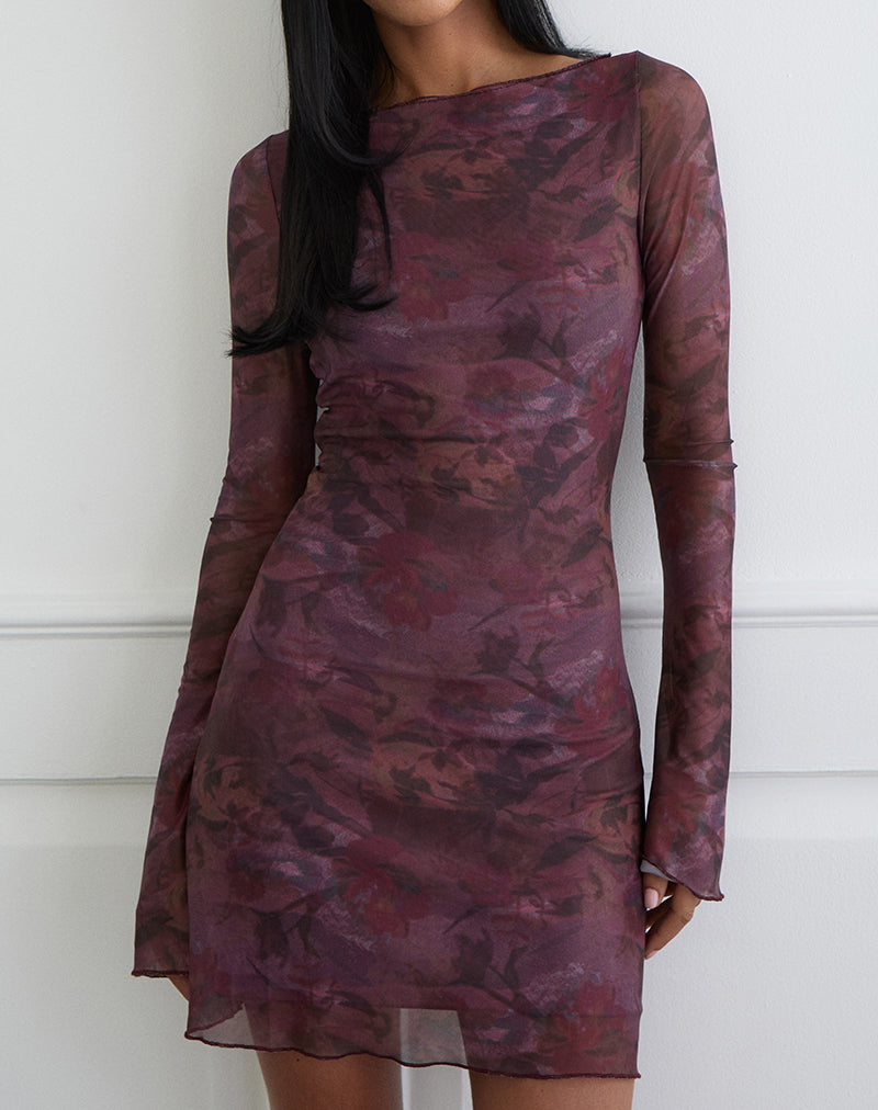 Image of Sevila Long Sleeve Mini Dress in Mesh Blurry Floral Burgundy