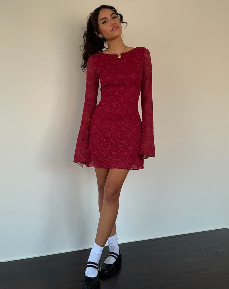 Sevila Long Sleeve Mini Dress in Deep Red Lace Sevila Long Sleeve Mini Dress in Deep Red Lace
