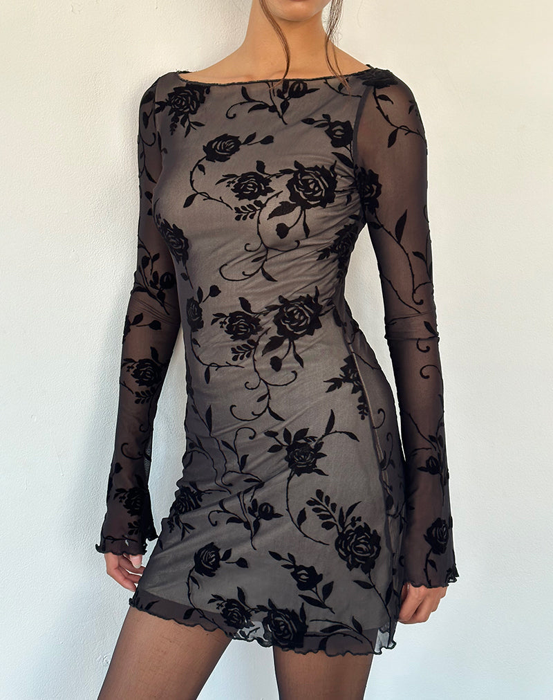 Sevila Long Sleeve Mini Dress in Black Rose Flock
