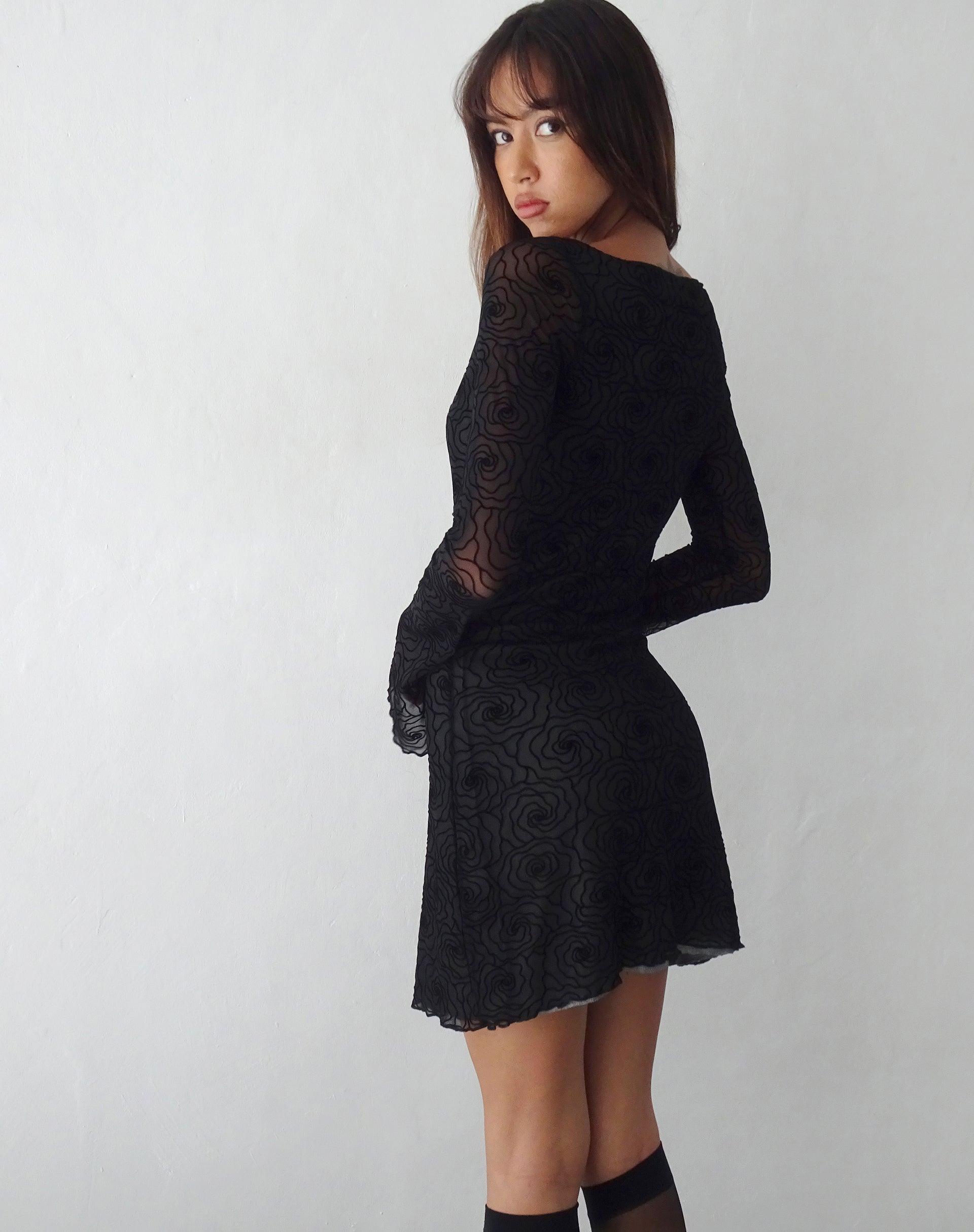 Sevila Long Sleeve Mini Dress in Mesh Black Abstract Flower Flock , Bodycon Sevila Long Sleeve Mini Dress in Mesh Black Abstract Flower Flock , Bodycon