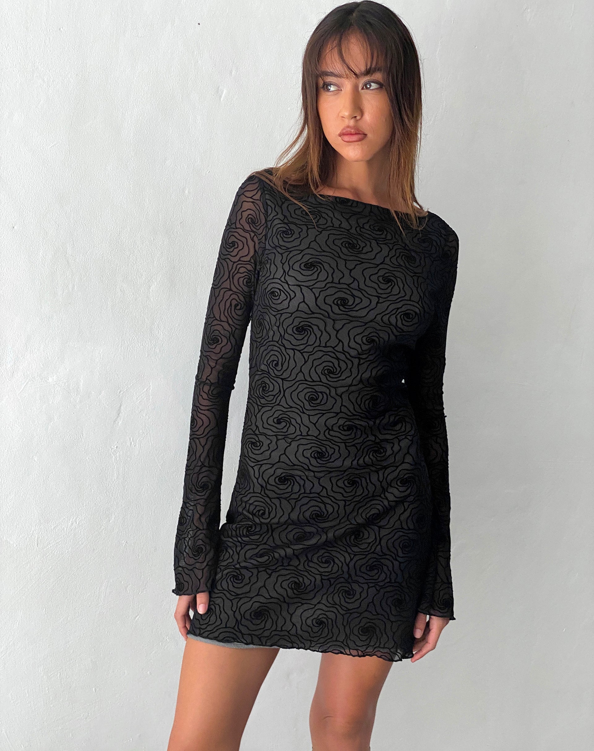 Sevila Long Sleeve Mini Dress in Mesh Black Abstract Flower Flock , Bodycon Sevila Long Sleeve Mini Dress in Mesh Black Abstract Flower Flock , Bodycon