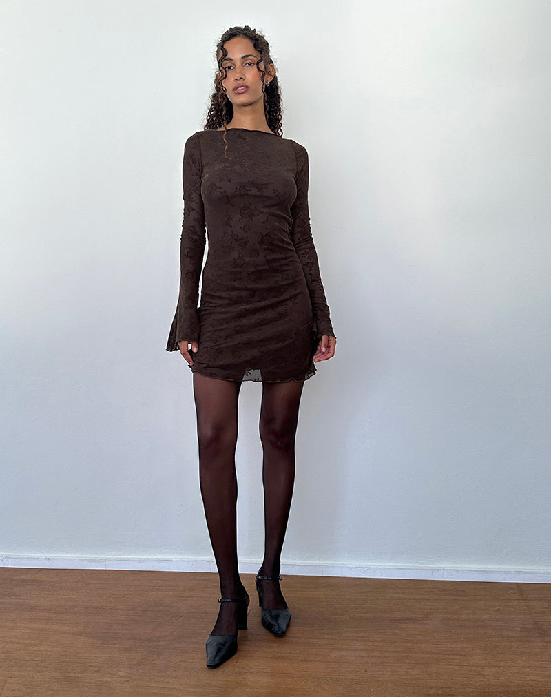 Sevila Long Sleeve Mini Dress in Romantic Rose Flock Brown Sevila Long Sleeve Mini Dress in Romantic Rose Flock Brown