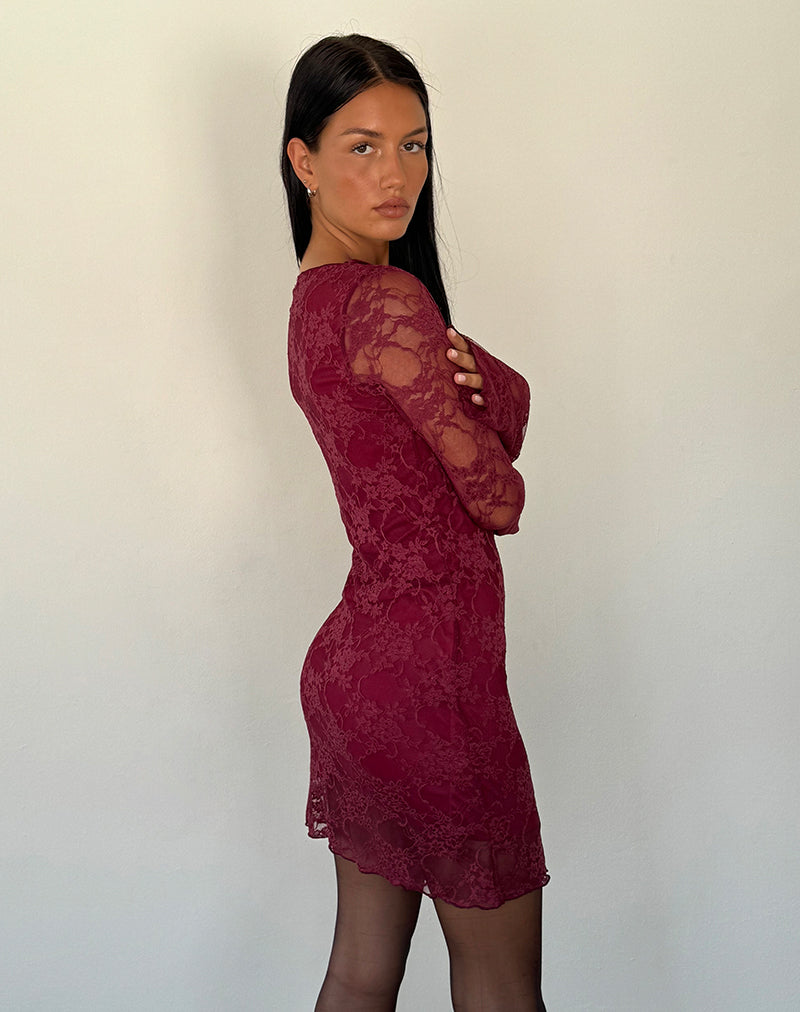 Sevila Long Sleeve Mini Dress Lace Burgundy Sevila Long Sleeve Mini Dress Lace Burgundy