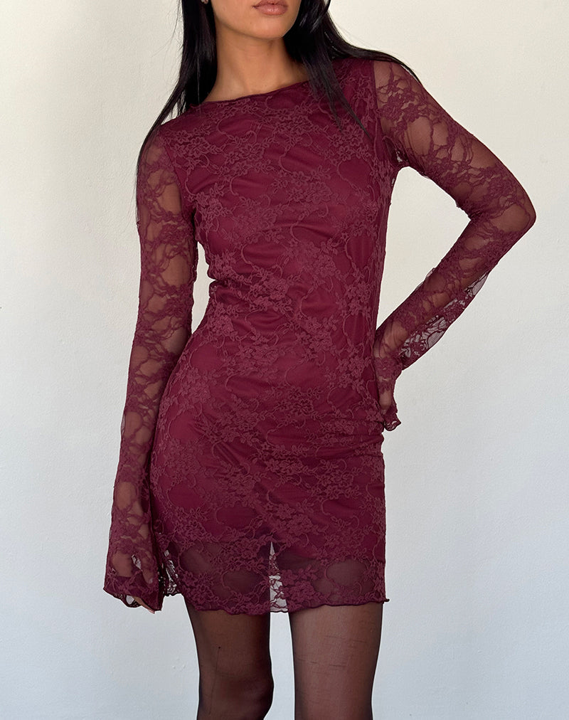 Burgundy Long Sleeve Lace Mini Dress