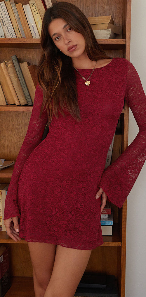 Image of Sevila Long Sleeve Mini Dress in Deep Red Lace