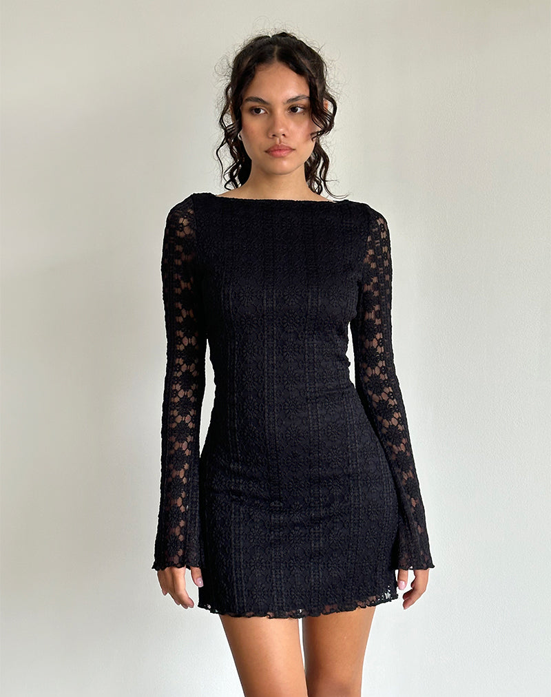 Sevila Long Sleeve Mini Dress in Regal Lace Black