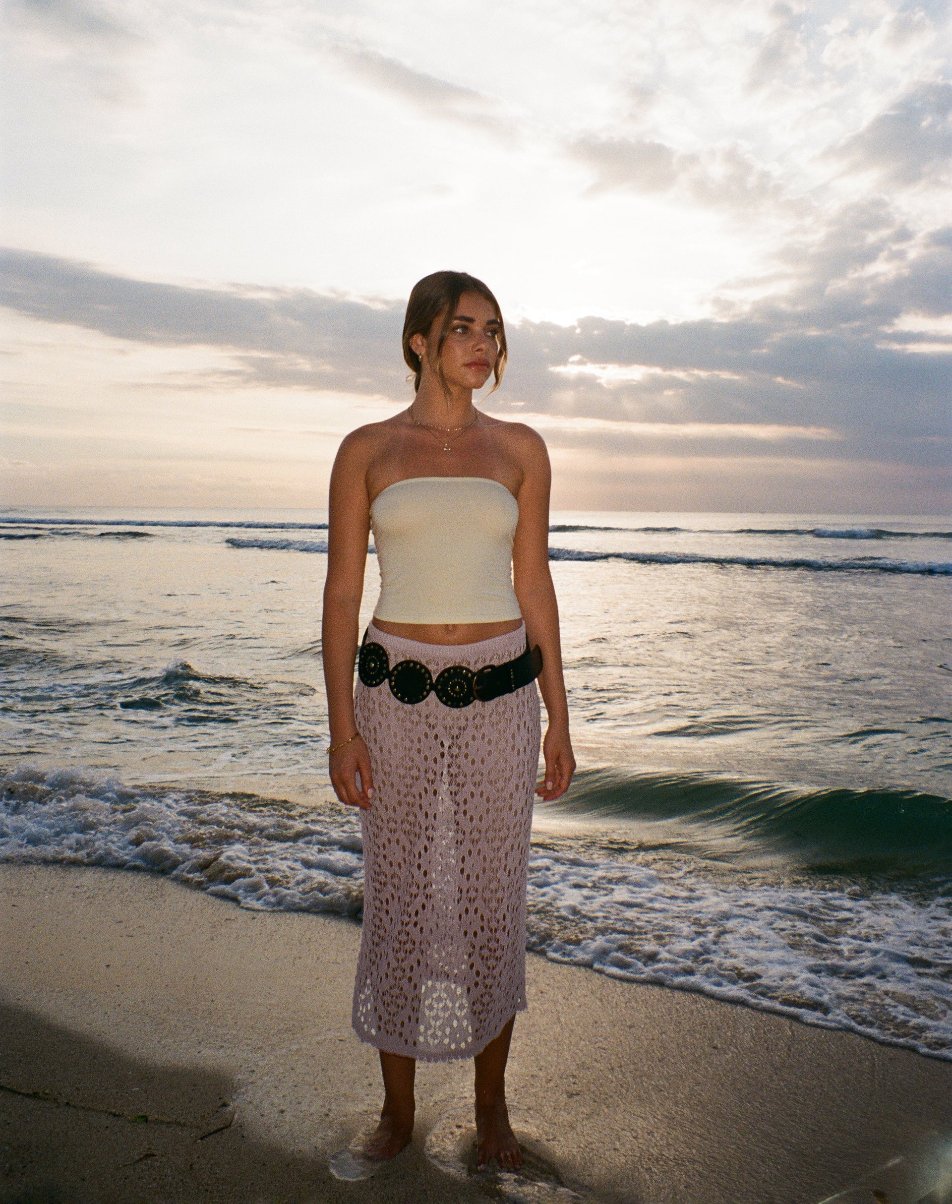 Image of Eldonia Crochet Midi Skirt in Dusty Pink