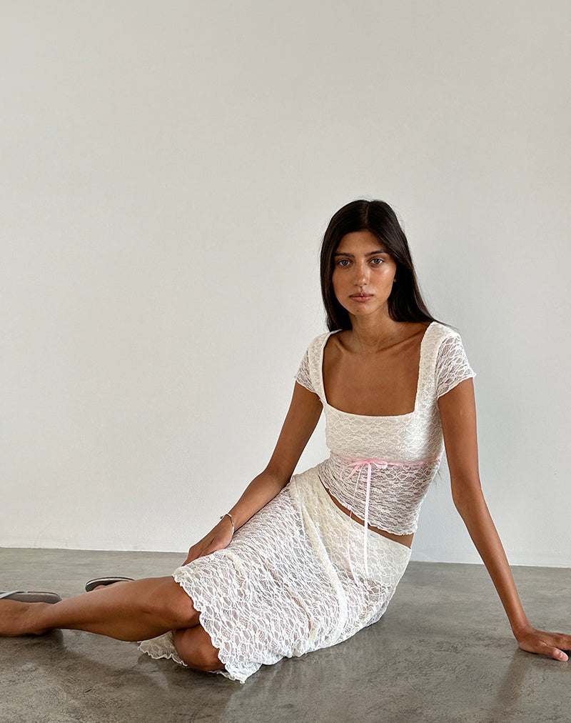 Image of Sherine Lace Top in Cream with Pink Binding