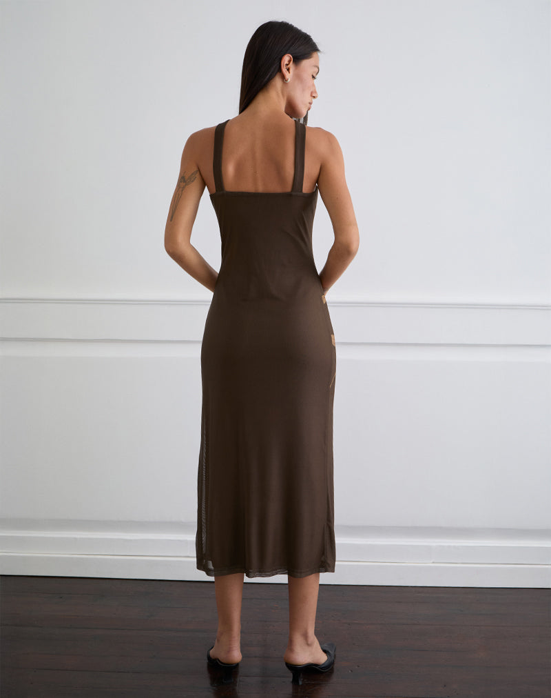 Brown with Pink Flower Mesh Halterneck Midi Dress | Silvra