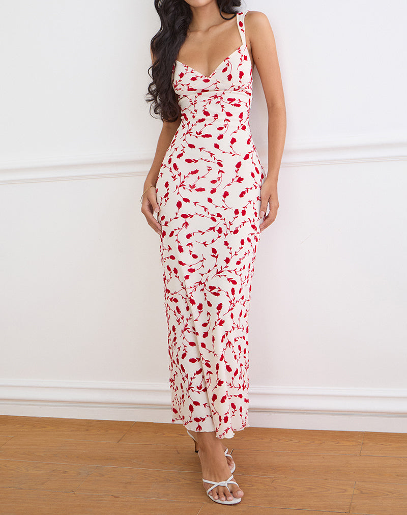 leafy maxi dress Sitiya Maxi Dress in Cream with Red Leafy Lily Flock