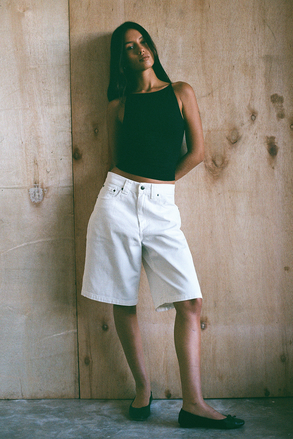 Image of Low Rise Denim Skater Shorts in True White