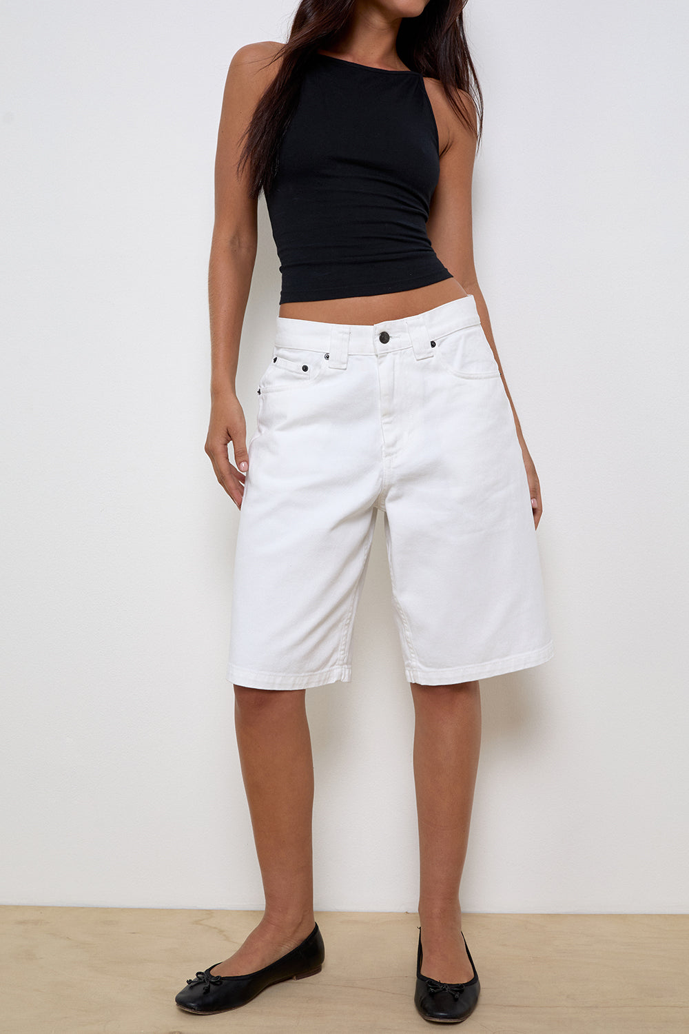 Image of Low Rise Denim Skater Shorts in True White