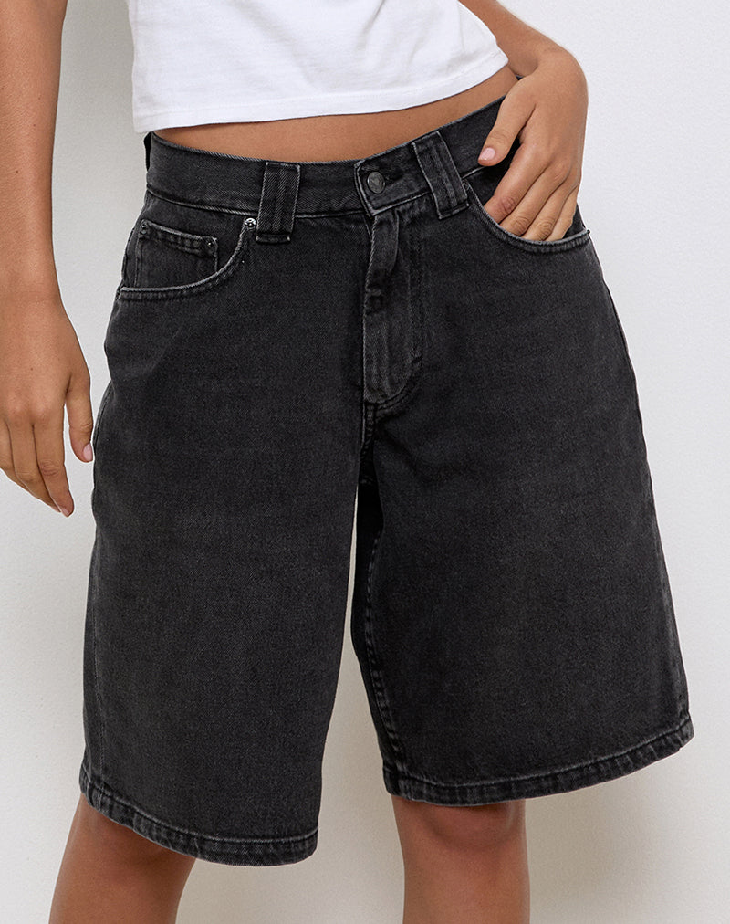 Washed Black Grey Longline Denim Shorts | Skater – motelrocks-com-us