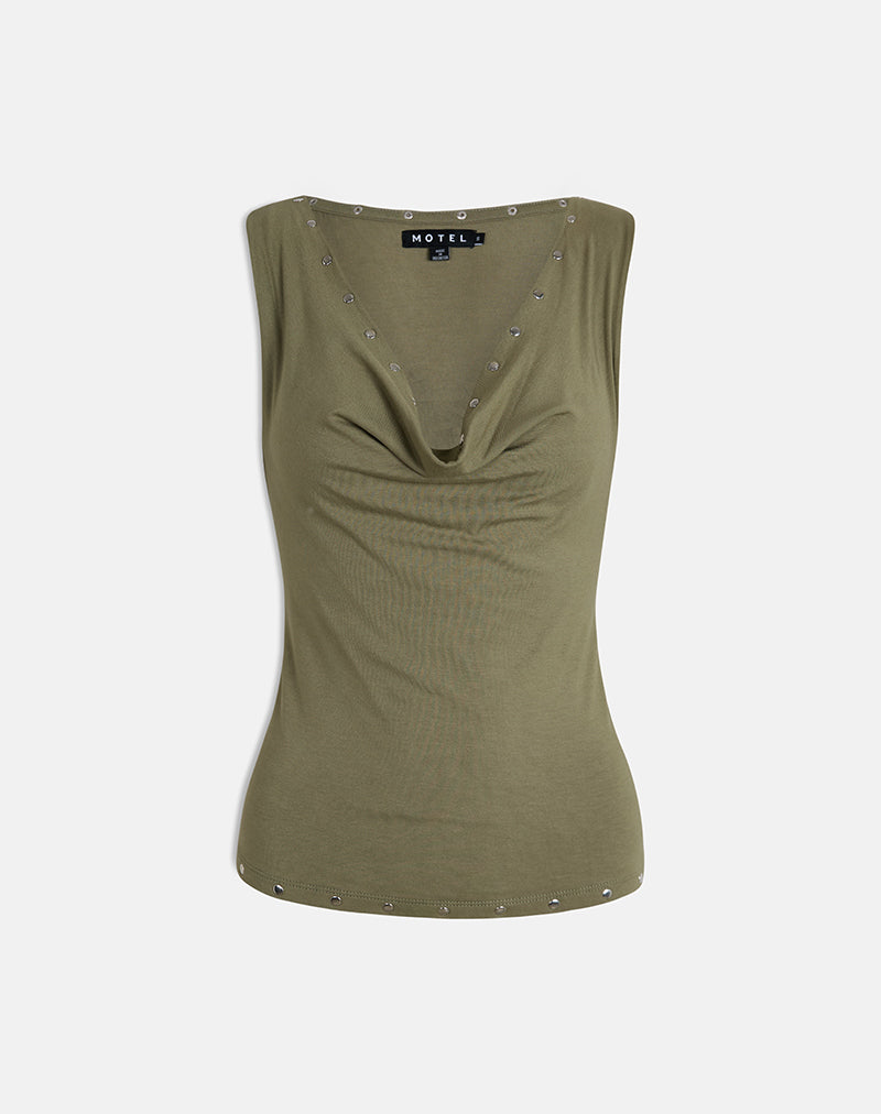Slater Studded Top in Rayon Jersey Khaki