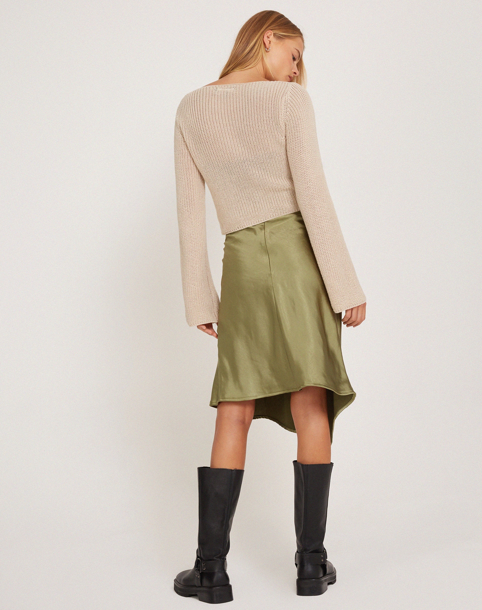 Image of Slaza Midi Skirt in Satin Olive