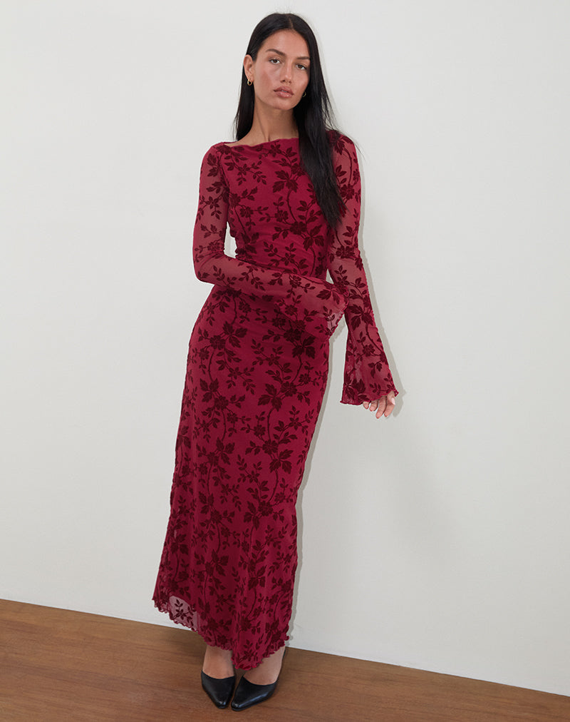 Slokya Long Sleeve Maxi Dress in Vine Floral Flock Cherry