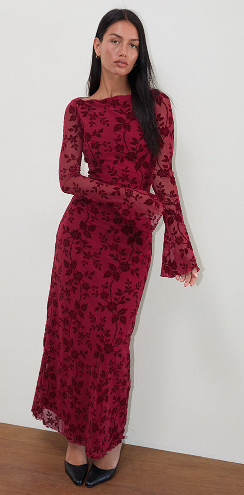 Image of Slokya Long Sleeve Maxi Dress in Vine Floral Flock Cherry