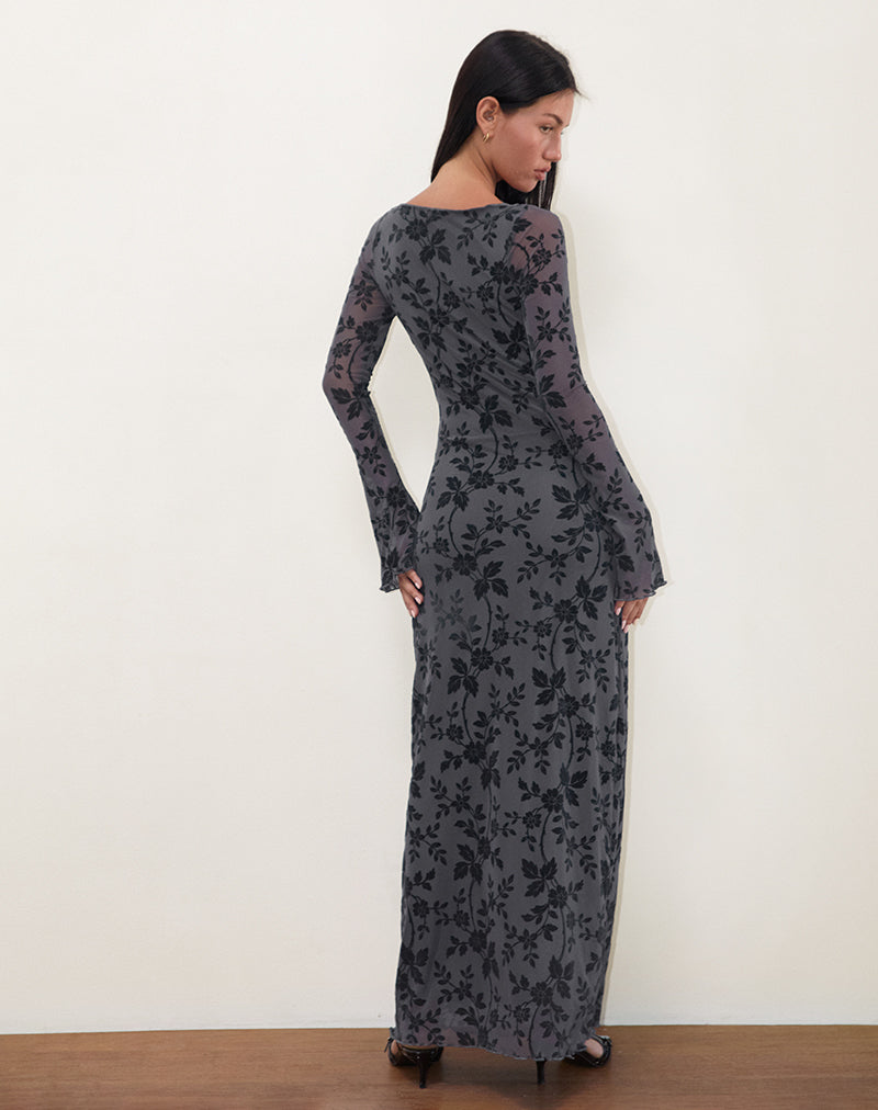 Image of Slokya Long Sleeve Maxi Dress in Vine Floral Flock Ocean Storm