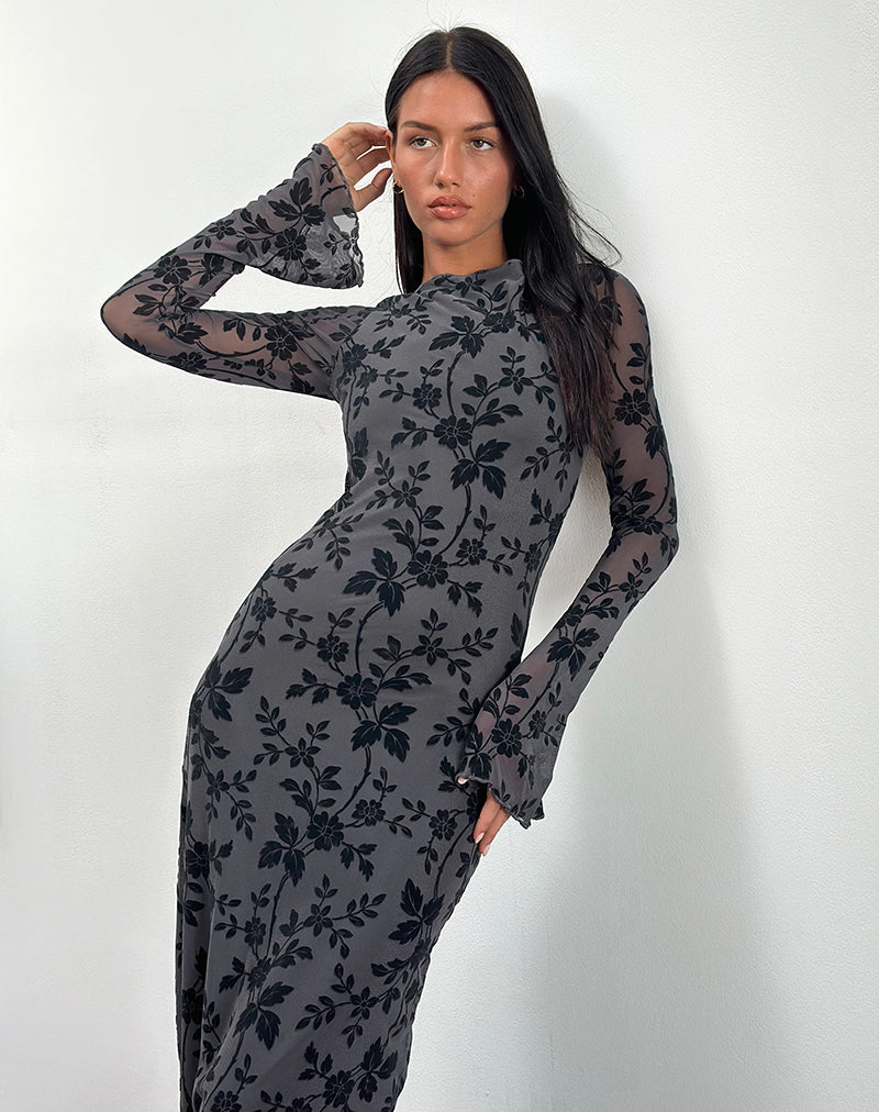 Dark Grey Flocked Floral Long Sleeve Maxi Dress Slokya motelrocks com us